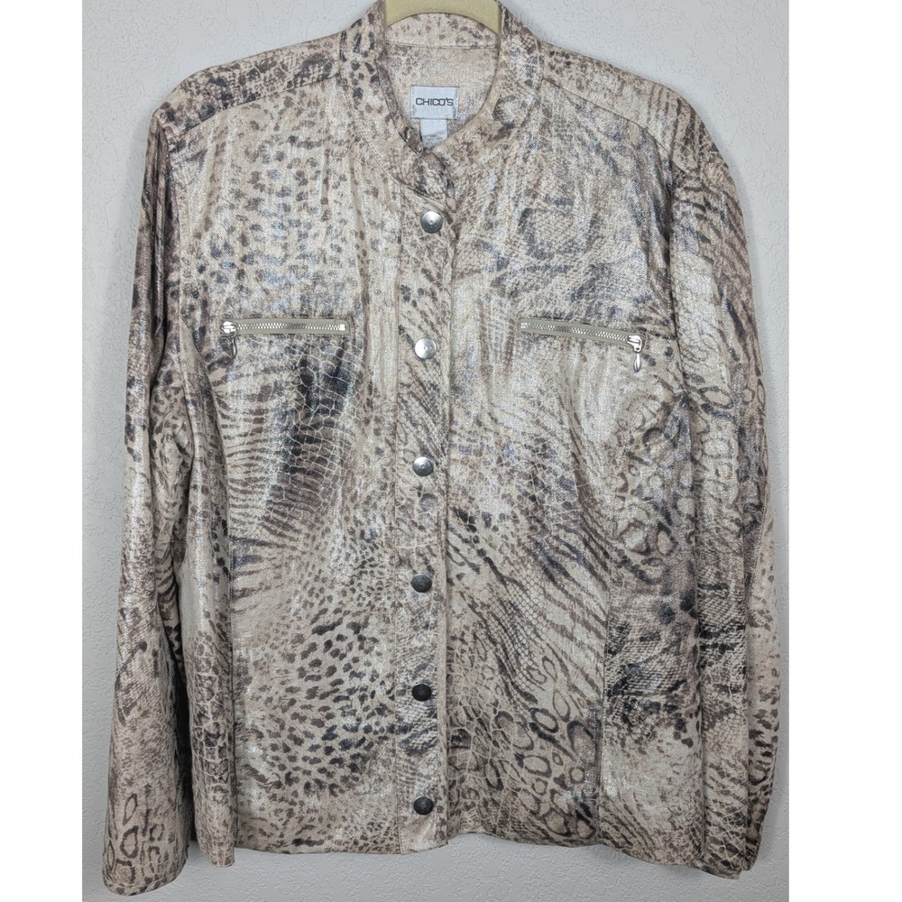 Chico's Womens Animal Print Jacket‎ Button Zip Up Zip Metallic Blazer Size 3 XL